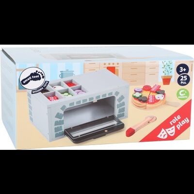 Embalagem de brinquedo forno de madeira com acessórios coloridos para crianças