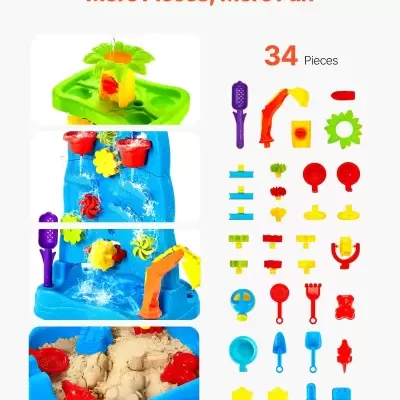 Conjunto de brinquedos coloridos para água e areia com 34 peças.