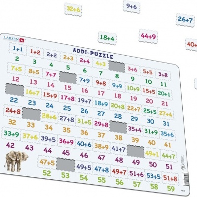 Quebra-cabeças ADDI-PUZZLE com operações de adição e números coloridos sobre fundo branco e elefante cinzento