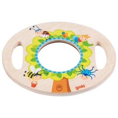 Espelho de madeira com alças e ilustrações de insetos coloridos