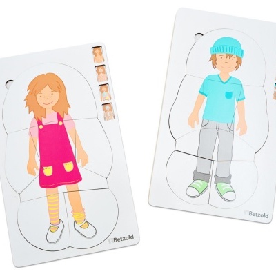 Dois puzzles educativos de crianças com diferentes roupas e peças destacáveis
