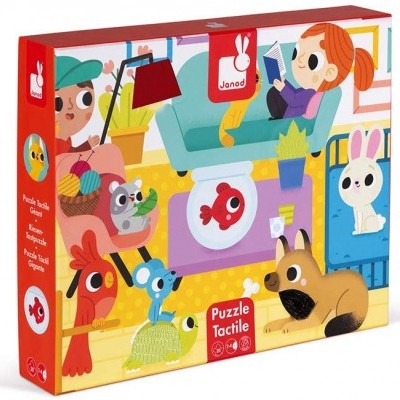 Caixa colorida de puzzle táctil com crianças, animais e objetos numa sala