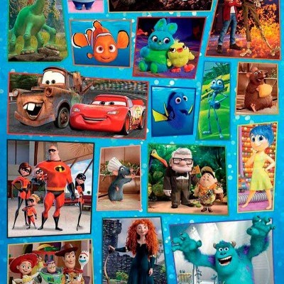 Cartaz de personagens dos filmes Pixar sobre fundo azul com texto 'PIXAR'