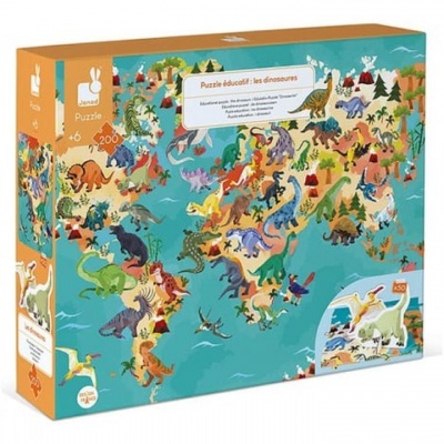 Caixa de puzzle educativo com dinossauros em mapa-múndi