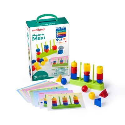 Jogo educativo Miniland Abaclor Maxi com peças coloridas e cartas de instruções