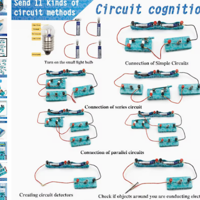 Conjunto educativo de circuitos elétricos com componentes azuis e fios vermelhos e pretos