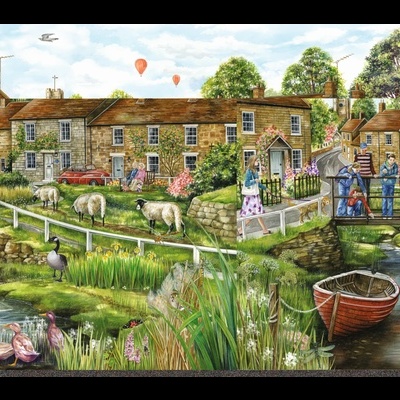 Vila rural com casas de pedra, ovelhas, pessoas e barco na água