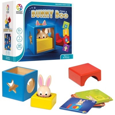 Jogo educativo infantil Bunny Peek a Boo com peças de madeira e cartas coloridas.