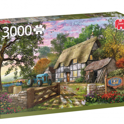 Caixa de puzzle Janod 3000 peças com imagem de paisagem rural e casa de campo