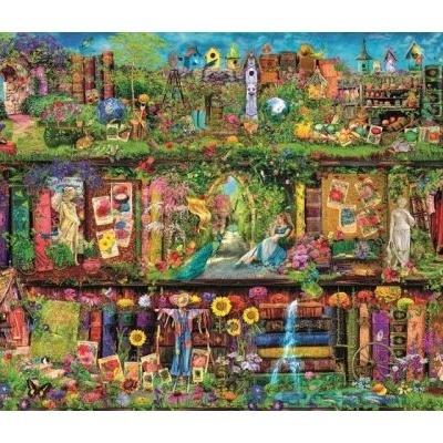 Estantes cheias de livros, flores, estátuas num cenário verde e colorido