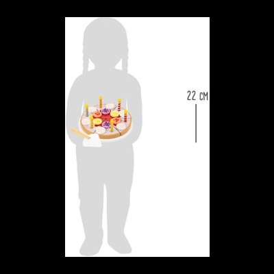 Figura infantil segurando pizza de brinquedo com velas e medida 22 cm