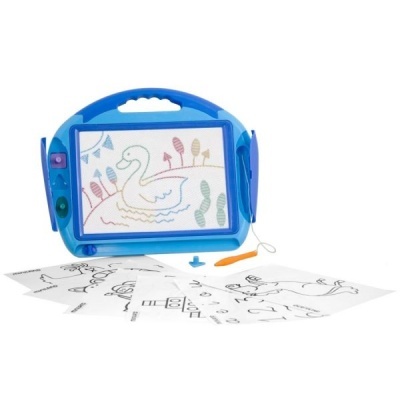 Painel de desenho magnético azul com desenho de cisne e caneta azul