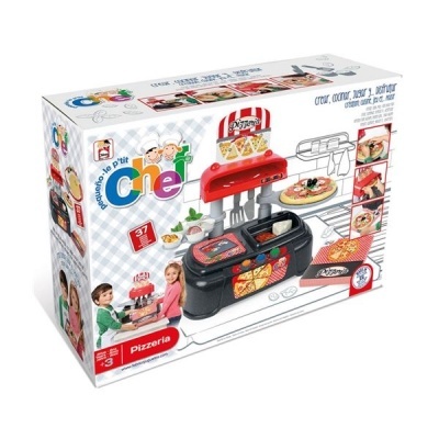 Conjunto de cozinha de brinquedo pizzeria P'tit Chef em caixa com forno vermelho e balcão preto decorado