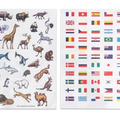 Folhas de autocolantes com animais e bandeiras de países