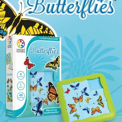 Jogo de puzzle Butterflies com caixa e tabuleiro verde com peças de borboletas coloridas.
