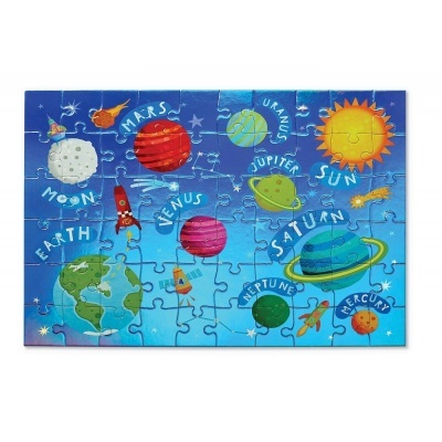 Puzzle do sistema solar com planetas coloridos em fundo azul
