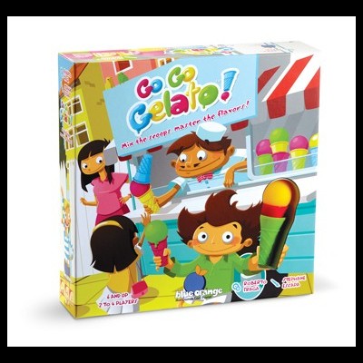 Caixa colorida de jogo de tabuleiro Go Go Gelato! com ilustrações de crianças e gelados