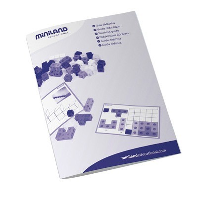 Guia didático Miniland Educational com capa branca e azul, ilustrado com peças de encaixe e tabuleiro.