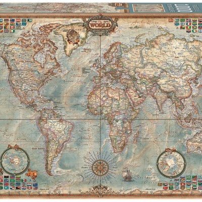 Caixa de puzzle 1000 peças com mapa mundi antigo em tons castanho e azul