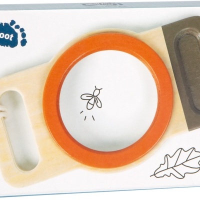 Brinquedo de serra de madeira com aro laranja em caixa branca