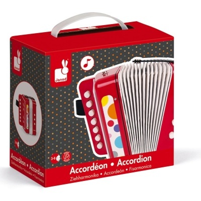 Embalagem de acordeão de cartão vermelho com imagem do instrumento e texto multilíngue