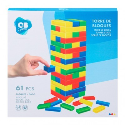Caixa do jogo Torre de Blocos CB Games com peças coloridas e torre montada