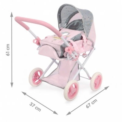 Carrinho de bonecas rosa e cinzento com estrutura metálica e rodas brancas com interior rosa