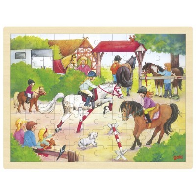 Puzzle infantil com cena de equitação e cavaleiros em cavalo