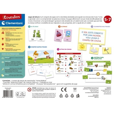 Embalagem de jogo educativo Clementoni com texto em português para crianças de 5 a 7 anos