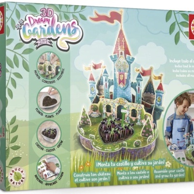 Embalagem do brinquedo educativo 3D Dream Gardens com castelo azul e elementos de cultivo de jardim