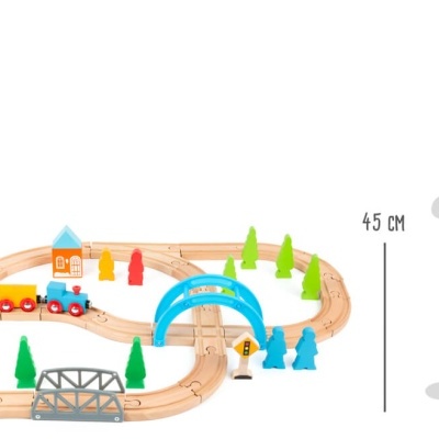 Conjunto de comboio de madeira colorido com carris e figuras diversas