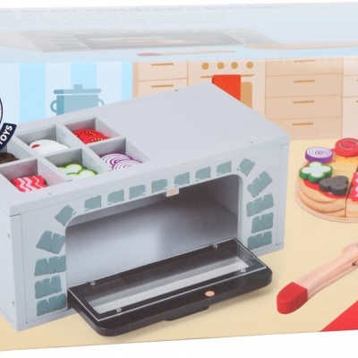 Brinquedo forno de madeira cinzento com acessórios, caixa com texto e indicação de peças