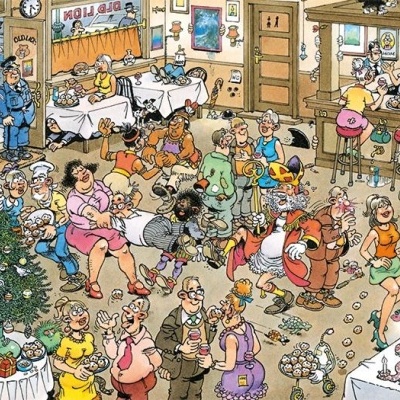 Ilustração colorida de cena animada com personagens animais e humanos num restaurante com decoração natalícia