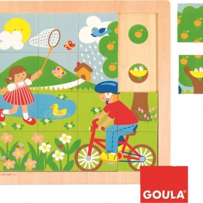 Quebra-cabeças infantil de madeira com ilustração de crianças ao ar livre