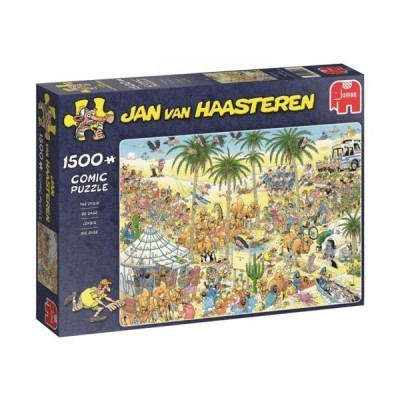 Caixa de quebra-cabeças Jan van Haasteren 1500 peças com ilustração de cena animada e palmeiras