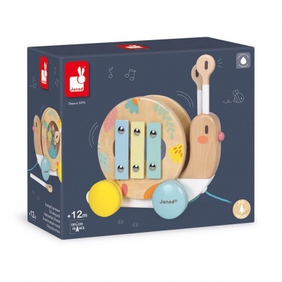 Brinquedo musical Janod de madeira em forma de caracol em caixa azul