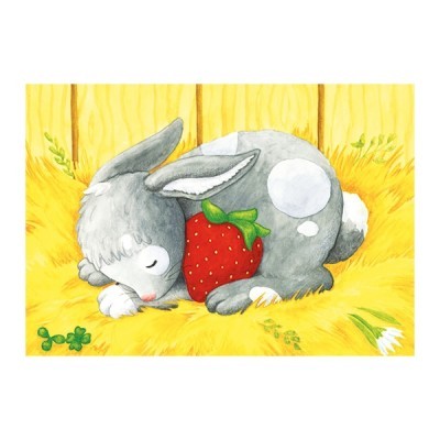 Ilustração de coelho cinzento deitado segurando morango vermelho sobre cobertor amarelo