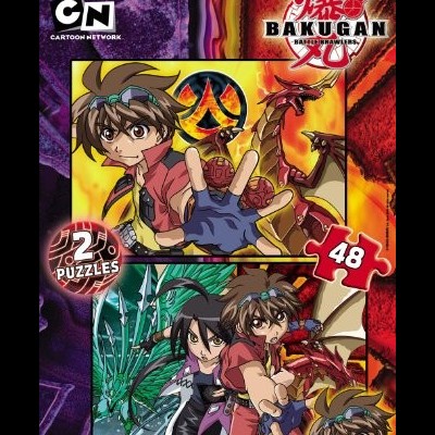 Embalagem de puzzles Bakugan com personagens e dragões coloridos
