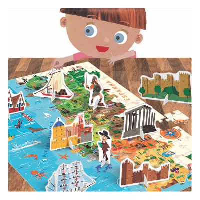 Quebra-cabeça de mapa histórico colorido de Espanha com figuras em pé e criança ao fundo