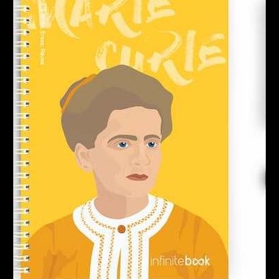 Caderno espiral amarelo com ilustração de mulher e texto Marie Curie
