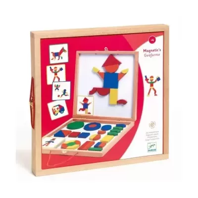 Conjunto de formas geométricas magnéticas de madeira coloridas na caixa