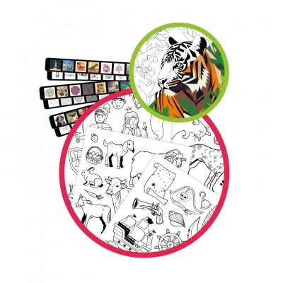 Folhas de desenhos para colorir com animais e pessoas, e tigre colorido em destaque