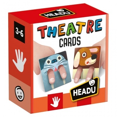 Caixa colorida do jogo THEATRE CARDS com ilustrações de animais como marionetas de dedo.