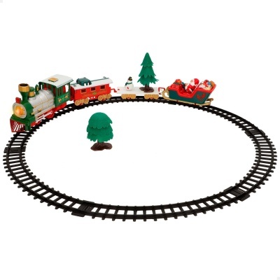 Conjunto de comboio infantil com locomotiva e carruagens vermelhas e verdes em trilhos pretos