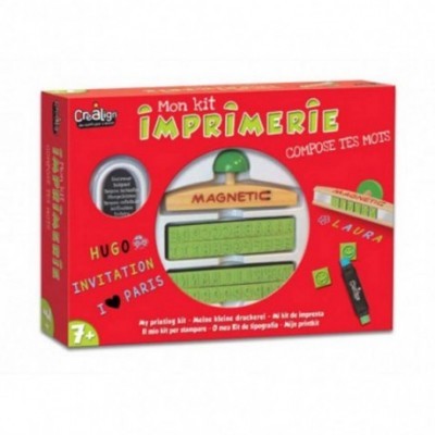 Kit de impressão magnético com caixa vermelha e peças verdes para formar palavras