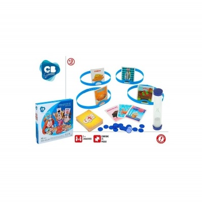 Jogo de tabuleiro com anéis azuis, cartas ilustradas e fichas azuis