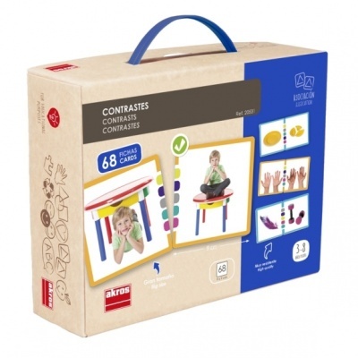Caixa de jogo educativo 'Contrastes' com alça azul e imagens de crianças e fichas coloridas