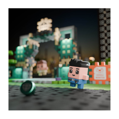 Figura de brinquedo pixel art em superfície preta com elementos coloridos ao fundo