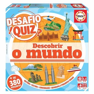 Caixa do jogo de tabuleiro Desafio Quiz Descobrir o Mundo azul e laranja com imagens de monumentos