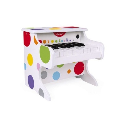 Piano infantil branco de madeira com bolinhas coloridas e teclas em branco e preto